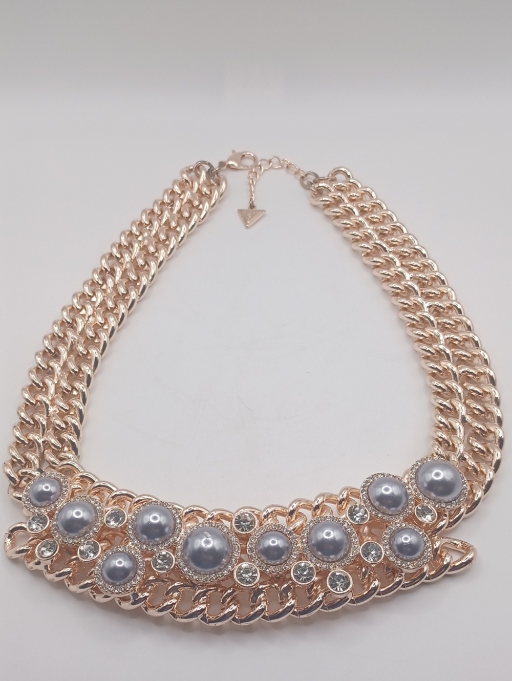 Guess Rose Gold Tone Metallic Faux Pearl and Rhinestone Bib Statement Necklace